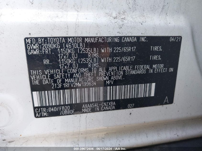 2021 Toyota Rav4 Le VIN: 2T3F1RFV2MW199634 Lot: 39672606