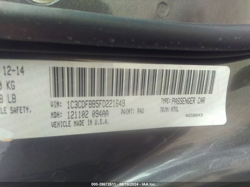 2015 Dodge Dart Sxt VIN: 1C3CDFBB5FD221649 Lot: 39672611