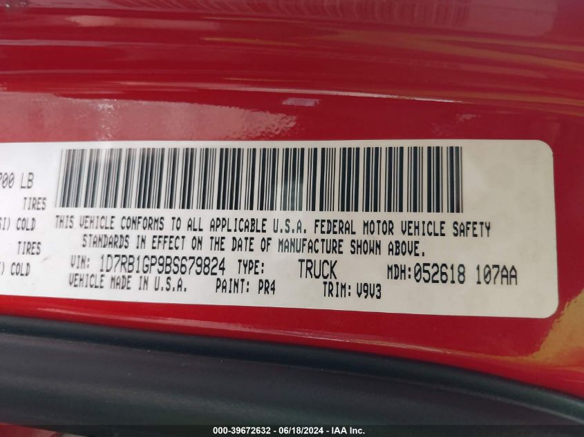 2011 Ram Ram 1500 Slt VIN: 1D7RB1GP9BS679824 Lot: 39672632