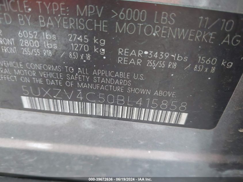 2011 BMW X5 xDrive35I VIN: 5UXZV4C50BL415858 Lot: 39672636