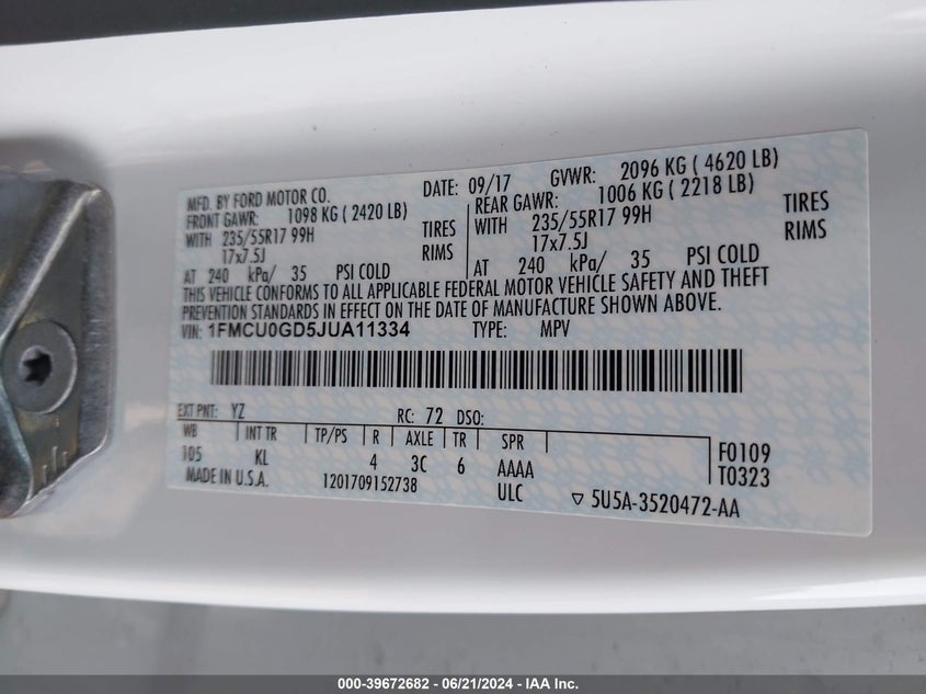 2018 Ford Escape Se VIN: 1FMCU0GD5JUA11334 Lot: 39672682