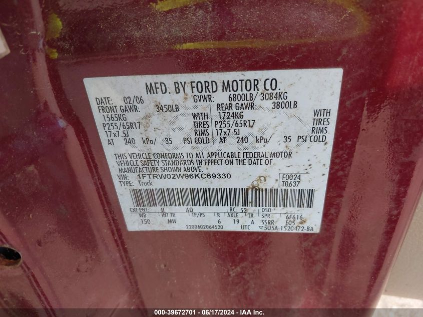 2006 Ford F-150 Xlt VIN: 1FTRW02W96KC69330 Lot: 39672701