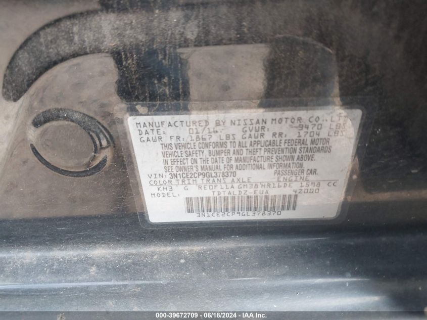 2016 Nissan Versa Note S (Sr)/S Plus/Sl/Sr/Sv VIN: 3N1CE2CP9GL378370 Lot: 39672709