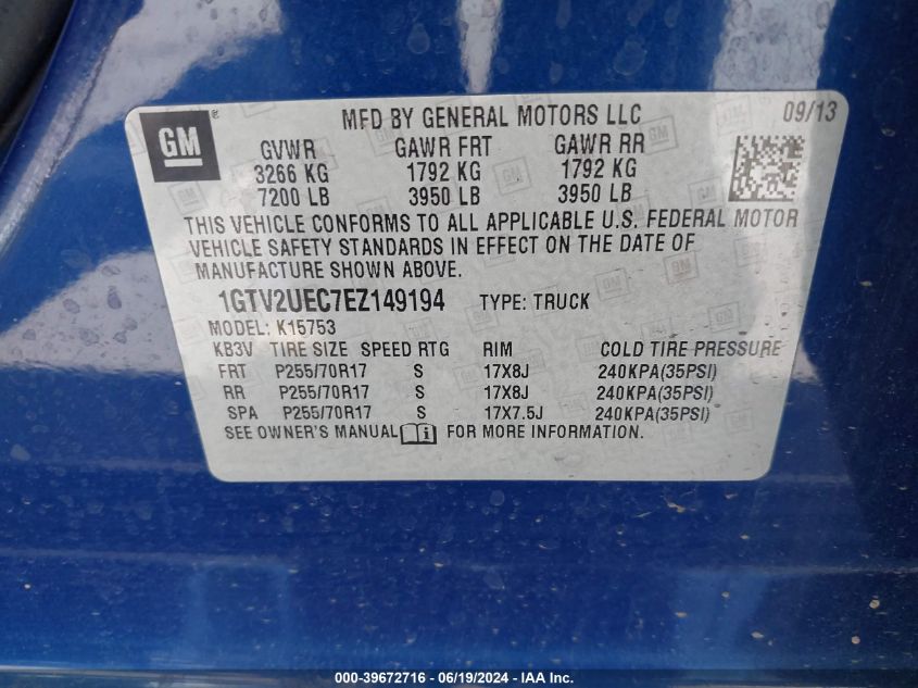 2014 GMC Sierra 1500 Sle VIN: 1GTV2UEC7EZ149194 Lot: 39672716