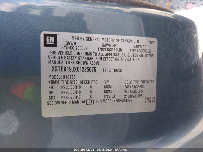 2008 GMC Sierra 1500 Slt VIN: 2GTEK19JX81226676 Lot: 39672723