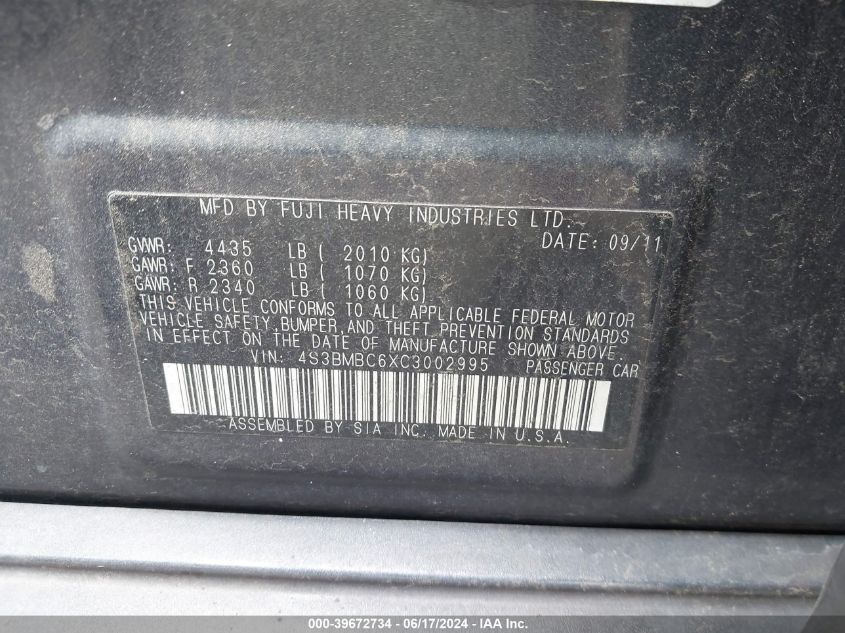 2012 Subaru Legacy 2.5I Premium VIN: 4S3BMBC6XC3002995 Lot: 39672734