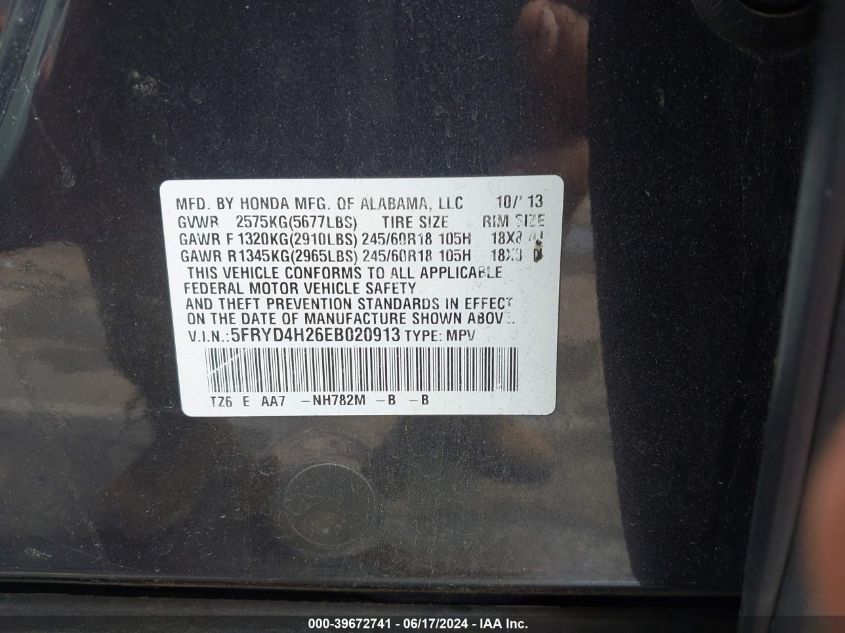 2014 Acura Mdx VIN: 5FRYD4H26EB020913 Lot: 39672741