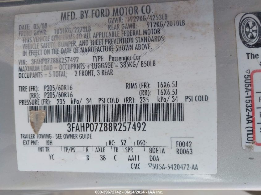 2008 Ford Fusion Se VIN: 3FAHP07Z88R257492 Lot: 39672742
