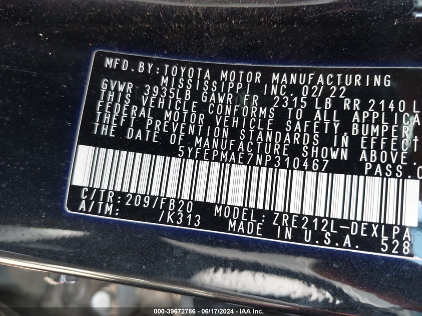 2022 TOYOTA COROLLA LE - 5YFEPMAE7NP310467