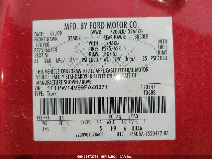 2009 Ford F-150 Fx4/King Ranch/Lariat/Platinum/Xl/Xlt VIN: 1FTPW14V99FA40371 Lot: 39672789