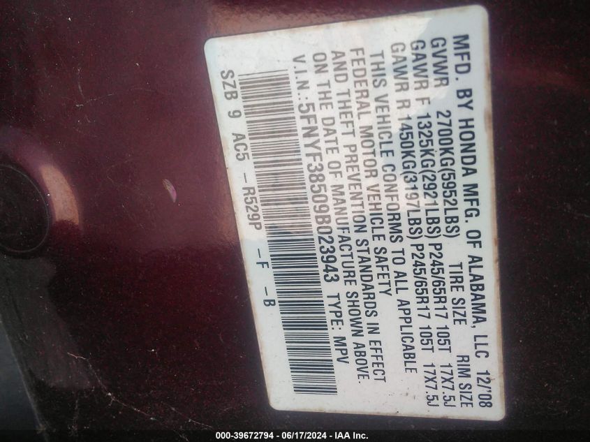 2009 Honda Pilot Ex-L VIN: 5FNYF38509B023943 Lot: 39672794