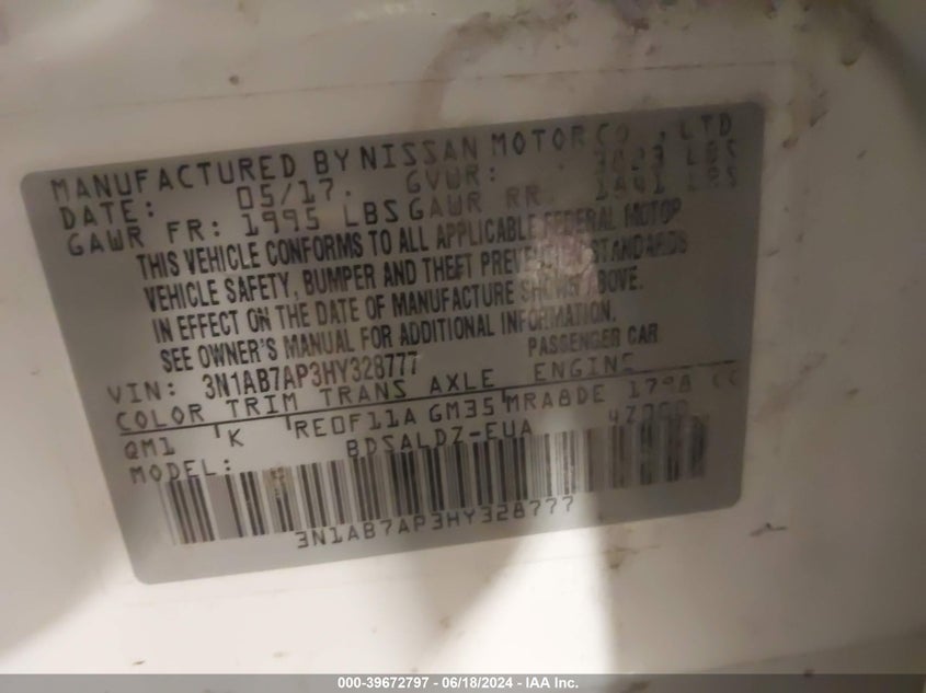 2017 Nissan Sentra Sv VIN: 3N1AB7AP3HY328777 Lot: 39672797