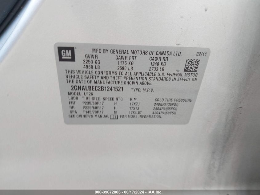 2011 Chevrolet Equinox Ls VIN: 2GNALBEC2B1241521 Lot: 39672805