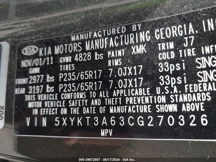 2012 Kia Sorento Lx VIN: 5XYKT3A63CG270326 Lot: 39672807