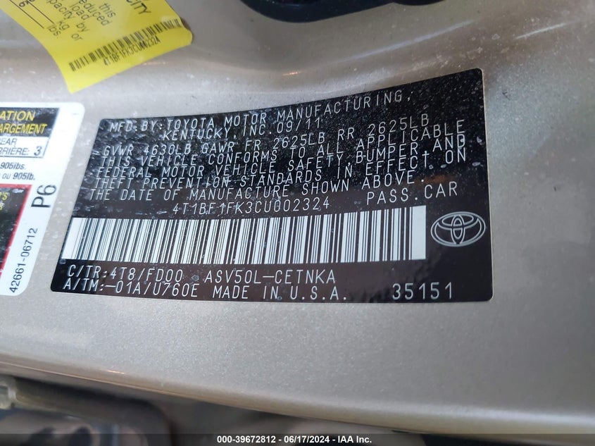 2012 Toyota Camry Le VIN: 4T1BF1FK3CU002324 Lot: 39672812