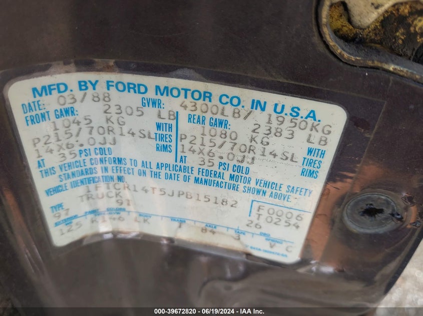 1988 Ford Ranger Super Cab VIN: 1FTCR14T5JPB15182 Lot: 39672820