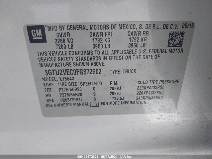 2015 GMC Sierra 1500 Slt VIN: 3GTU2VEC0FG372602 Lot: 39672829