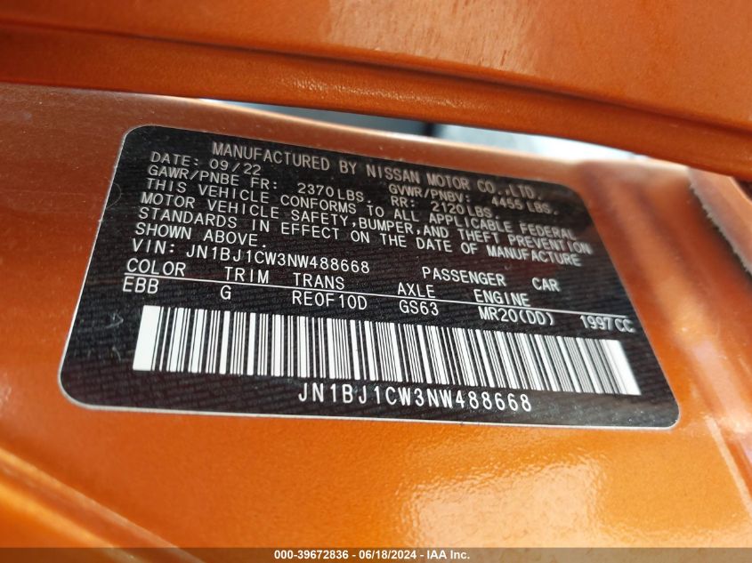 2022 Nissan Rogue Sport Sl Awd Xtronic Cvt VIN: JN1BJ1CW3NW488668 Lot: 39672836