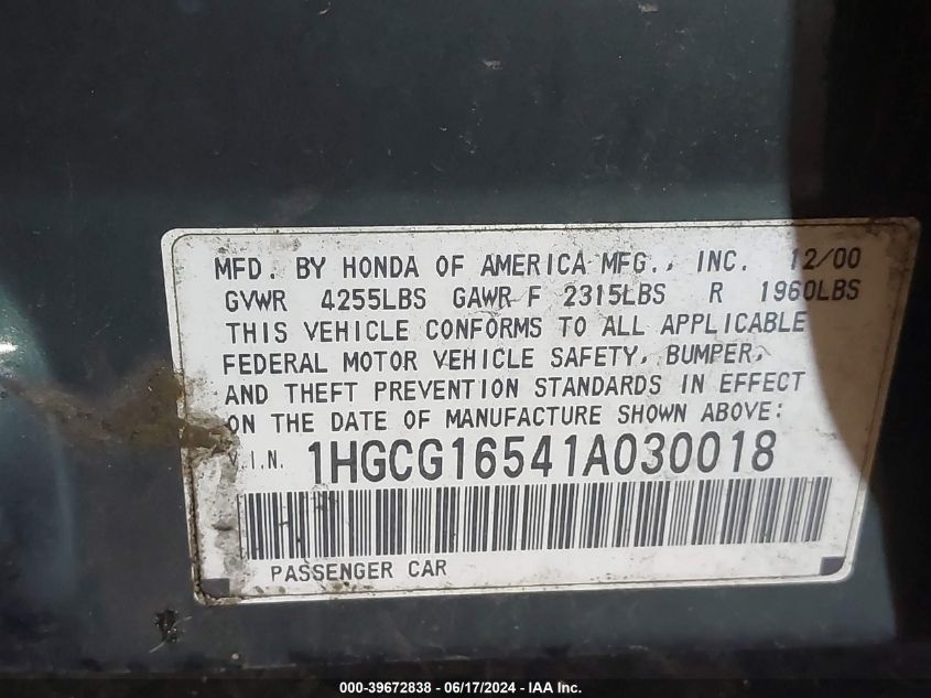 2001 Honda Accord 3.0 Ex VIN: 1HGCG16541A030018 Lot: 39672838