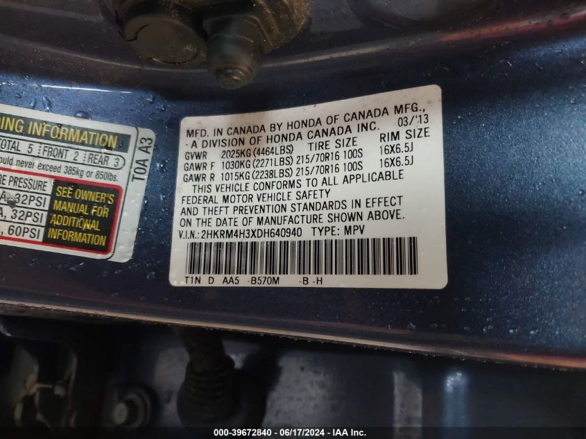 2013 Honda Cr-V Lx VIN: 2HKRM4H3XDH640940 Lot: 39672840