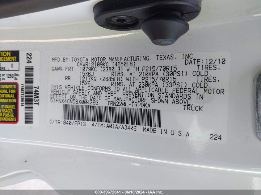 2011 Toyota Tacoma VIN: 5TFNX4CN5BX004393 Lot: 39672841