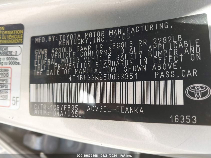 2005 Toyota Camry Le VIN: 4T1BE32K85U033351 Lot: 39672858