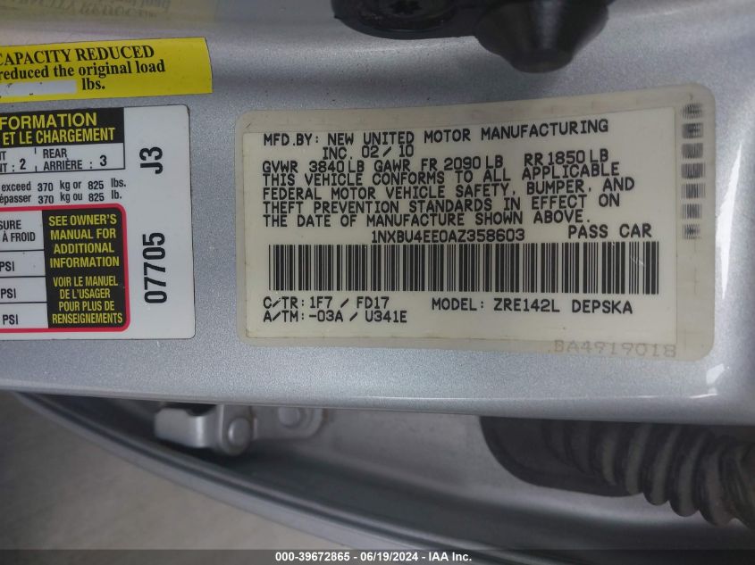 2010 Toyota Corolla S VIN: 1NXBU4EE0AZ358603 Lot: 39672865