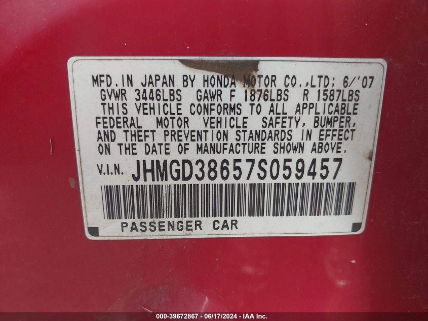 2007 Honda Fit Sport VIN: JHMGD38657S059457 Lot: 39672867