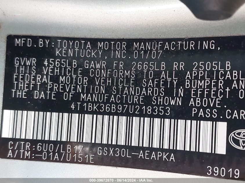 2007 Toyota Avalon Limited VIN: 4T1BK36B97U218353 Lot: 39672870