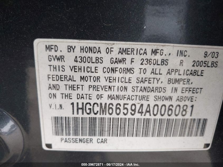 2004 Honda Accord 3.0 Ex VIN: 1HGCM66594A006081 Lot: 39672871
