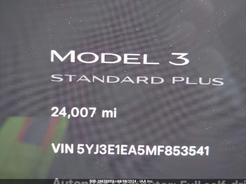 2021 Tesla Model 3 Standard Range Plus Rear-Wheel Drive VIN: 5YJ3E1EA5MF853541 Lot: 39672872