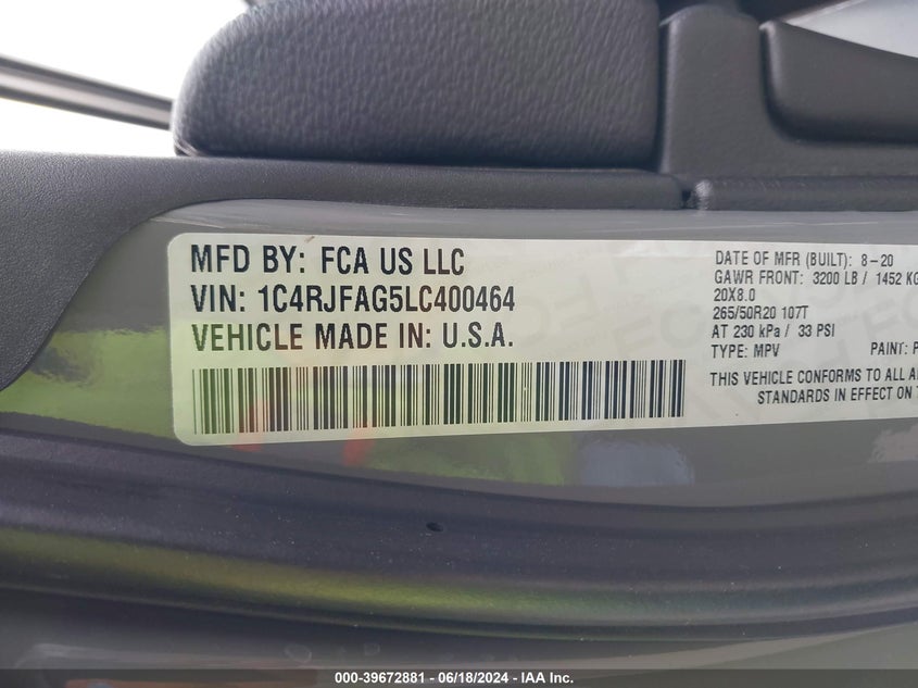 2020 Jeep Grand Cherokee Altitude 4X4 VIN: 1C4RJFAG5LC400464 Lot: 39672881