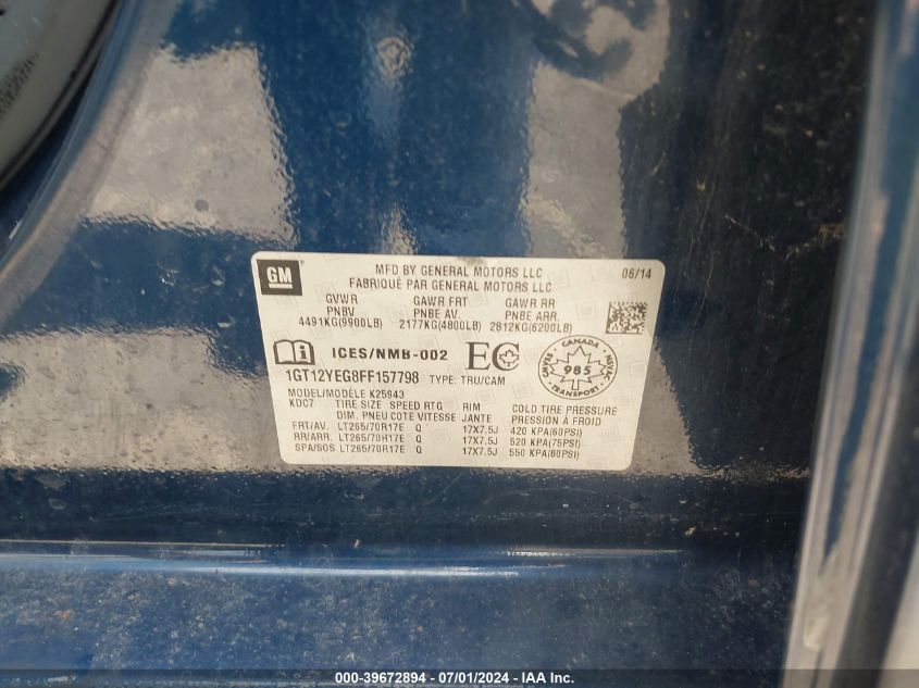 2015 GMC Sierra 2500Hd Sle VIN: 1GT12YEG8FF157798 Lot: 39672894