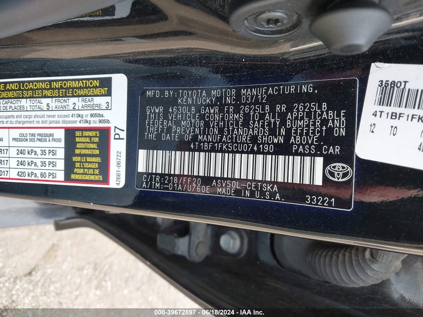 2012 Toyota Camry Se VIN: 4T1BF1FK5CU074190 Lot: 39672897