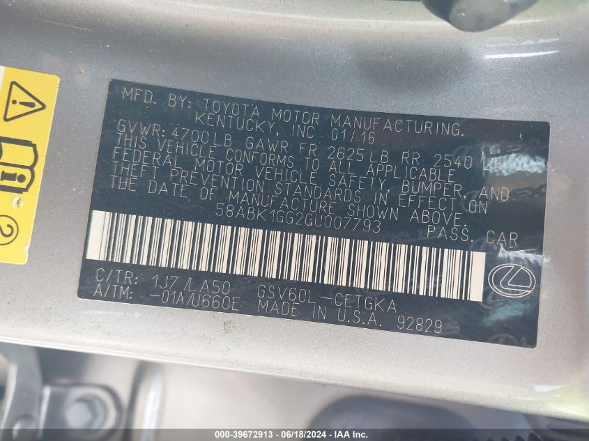 2016 Lexus Es 350 VIN: 58ABK1GG2GU007793 Lot: 39672913