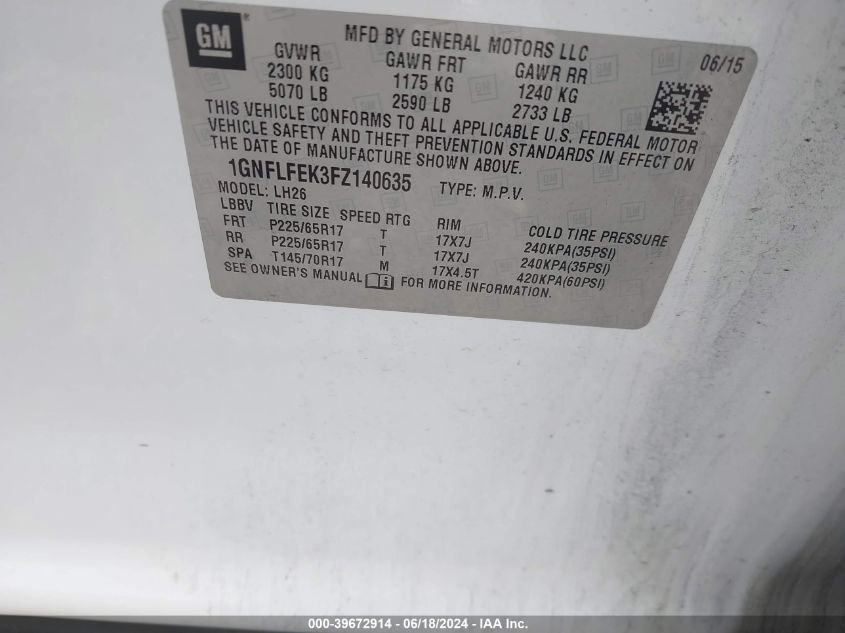 2015 Chevrolet Equinox 1Lt VIN: 1GNFLFEK3FZ140635 Lot: 39672914