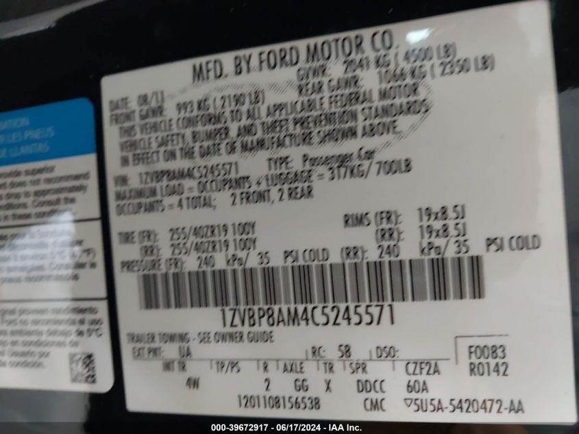 2012 Ford Mustang V6 Premium VIN: 1ZVBP8AM4C5245571 Lot: 39672917