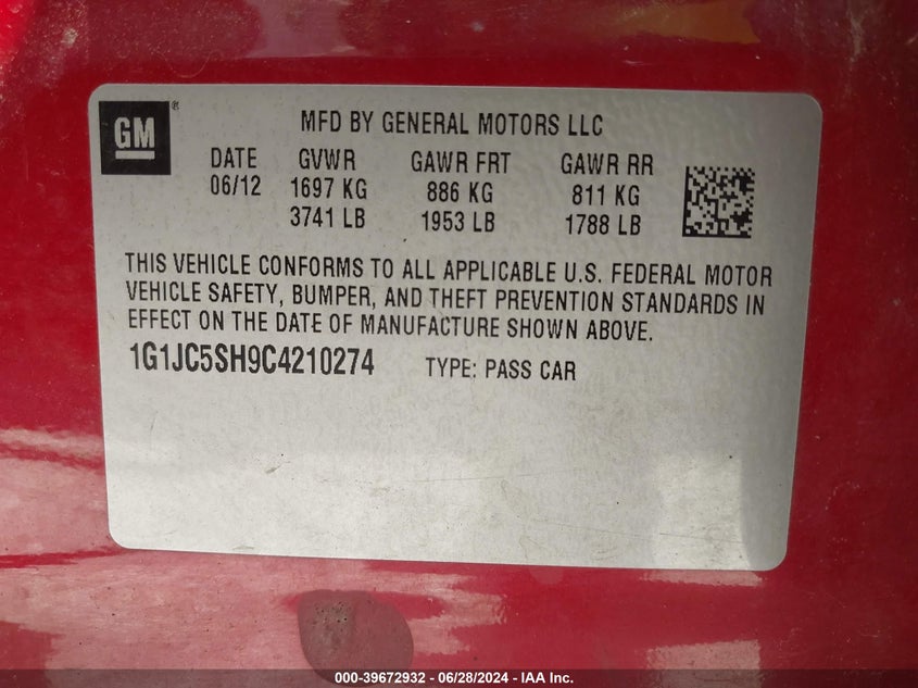 2012 Chevrolet Sonic Lt VIN: 1G1JC5SH9C4210274 Lot: 39672932