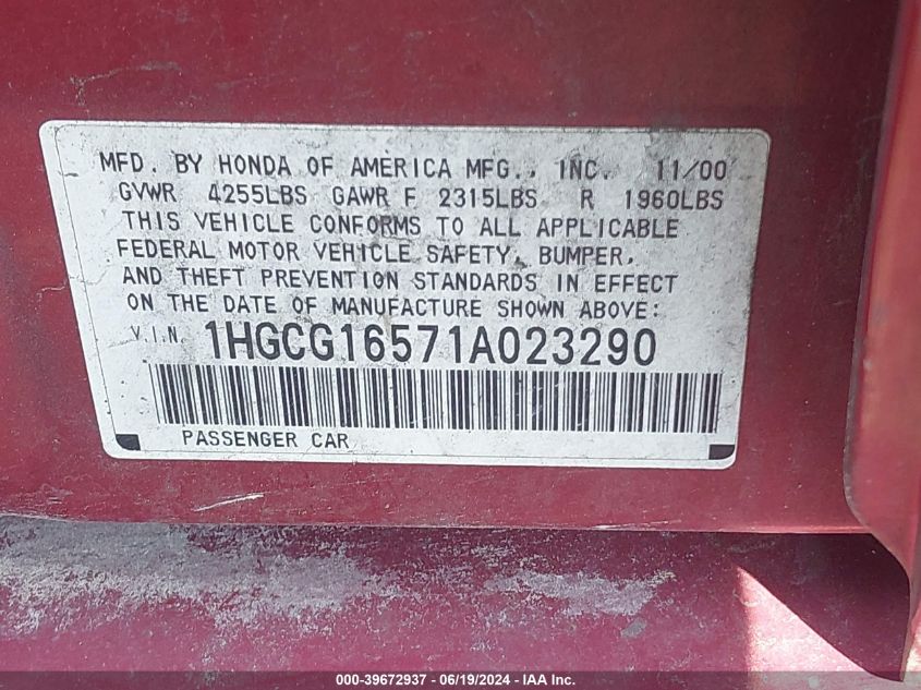2001 Honda Accord 3.0 Ex VIN: 1HGCG16571A023290 Lot: 39672937