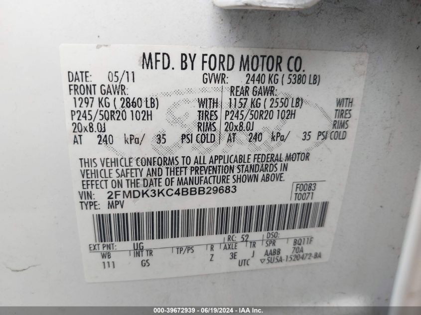 2011 Ford Edge Limited VIN: 2FMDK3KC4BBB29683 Lot: 39672939