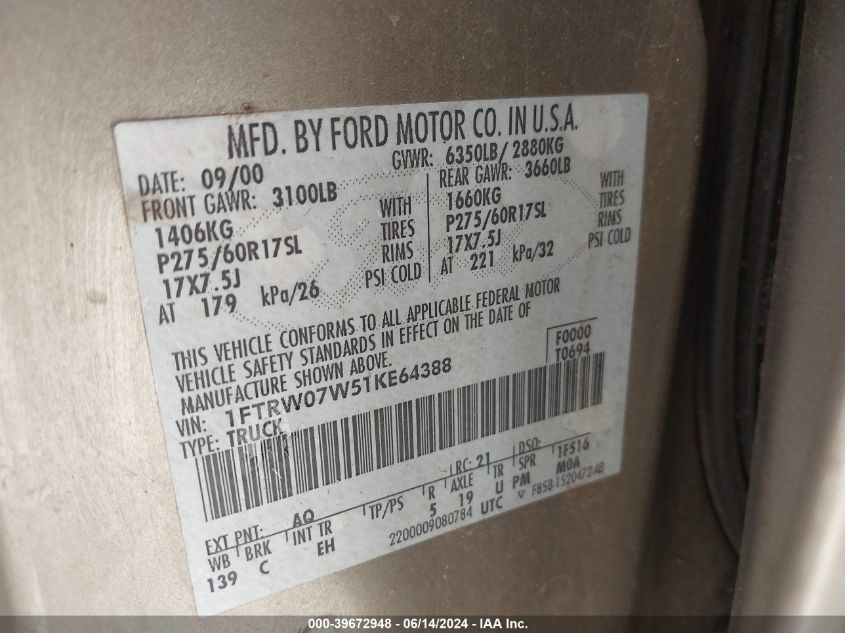 2001 Ford F-150 Harley-Davidson Edition/King Ranch Edition/Lariat/Xlt VIN: 1FTRW07W51KE64388 Lot: 39672948