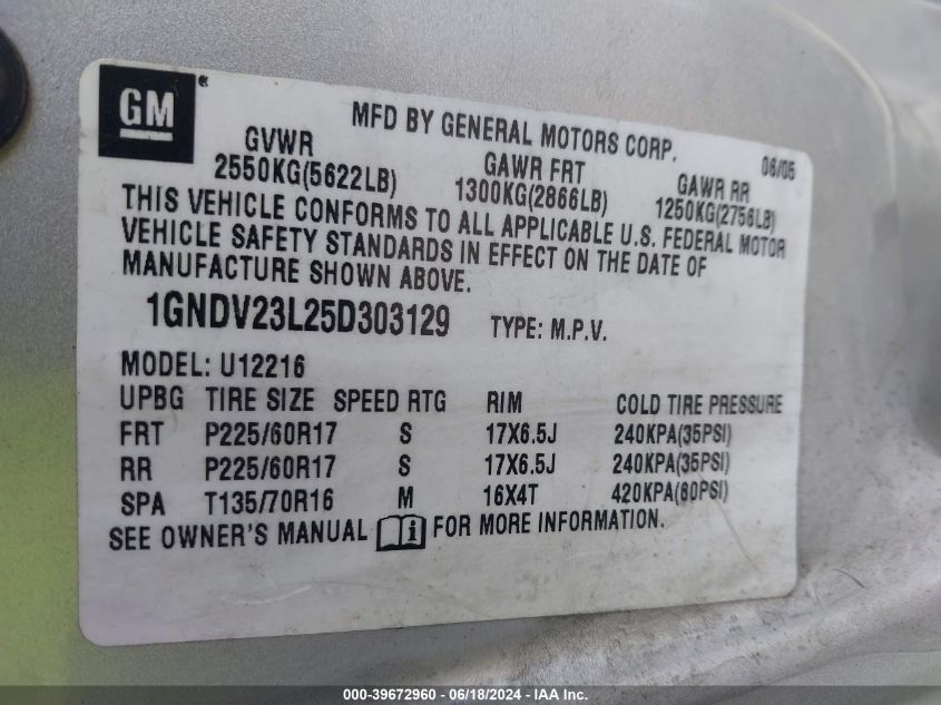 2005 Chevrolet Uplander Ls VIN: 1GNDV23L25D303129 Lot: 39672960