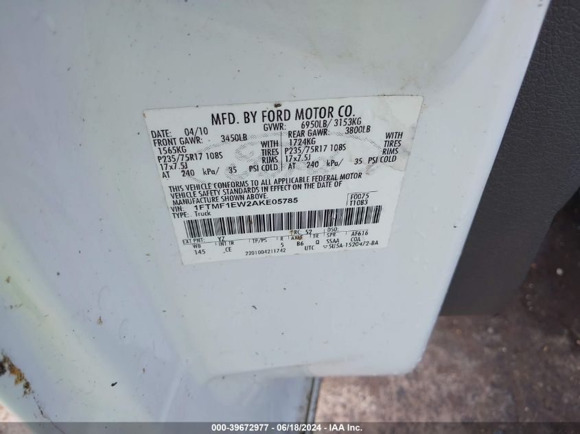 2010 Ford F-150 Stx/Xl/Xlt VIN: 1FTMF1EW2AKE05785 Lot: 39672977