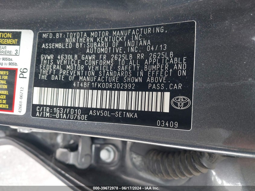 2013 Toyota Camry Le VIN: 4T4BF1FK0DR302992 Lot: 39672978