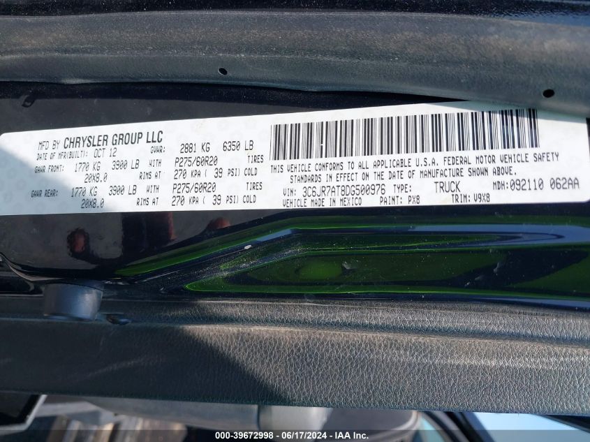 2013 Ram 1500 Express VIN: 3C6JR7AT8DG500976 Lot: 39672998