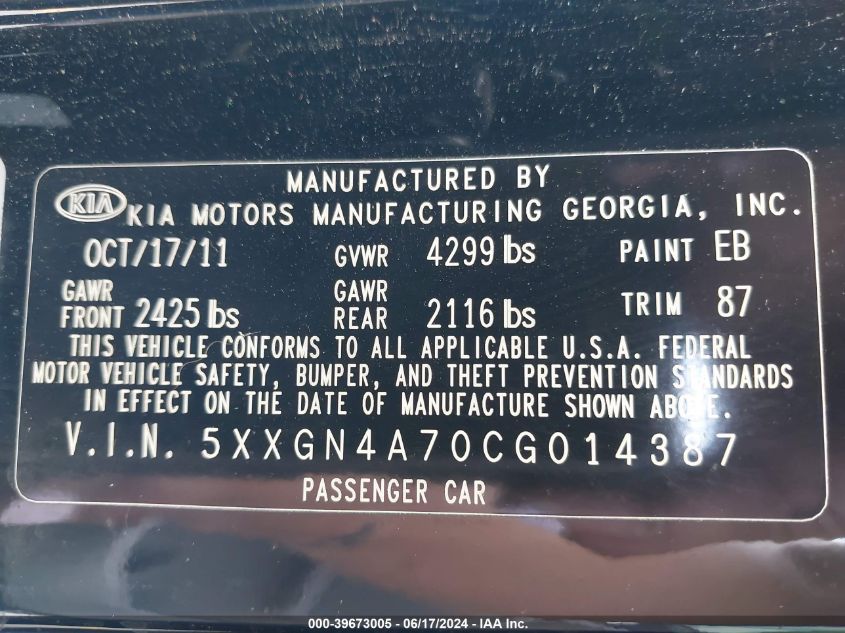 2012 Kia Optima Ex VIN: 5XXGN4A70CG014387 Lot: 39673005