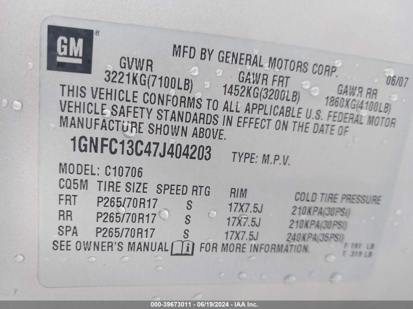 2007 Chevrolet Tahoe Ls VIN: 1GNFC13C47J404203 Lot: 39673011