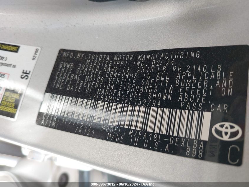 2024 TOYOTA COROLLA LE - 5YFB4MDE1RP132794