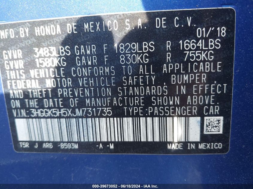 2018 Honda Fit Lx VIN: 3HGGK5H5XJM731735 Lot: 39673052