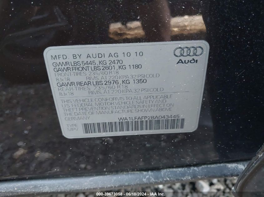 2011 Audi Q5 2.0T Premium VIN: WA1LFAFP2BA043445 Lot: 39673058